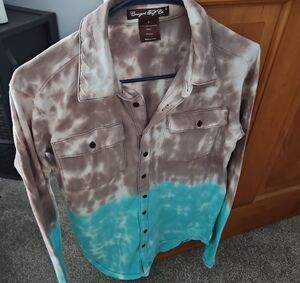 Cowgirl Tuff Brown and Turquoise Tie-Dye Button Down Shirt